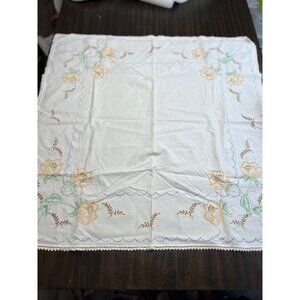 Vintage Hand-Embroidered Floral Tablecloth With Scalloped Edge & Lace Trim